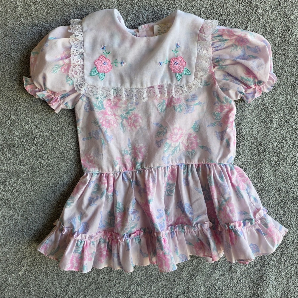 Vintage Floral Toddler Dress Size 3 Lace‎ Embroidered Flowers Young Hearts